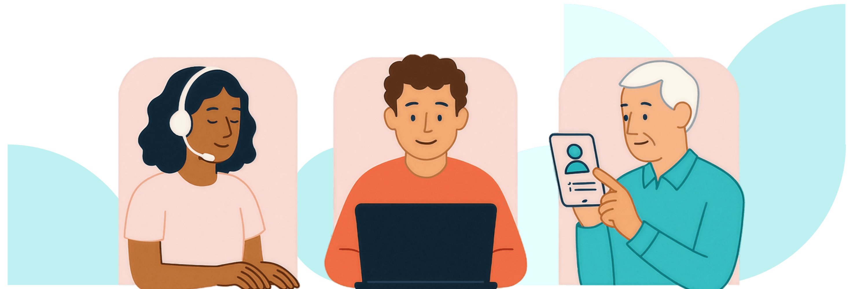 In the picture - Illustration of diverse users accessing digital services: a woman with headphones, a man using a laptop, and an elderly man with a smartphone