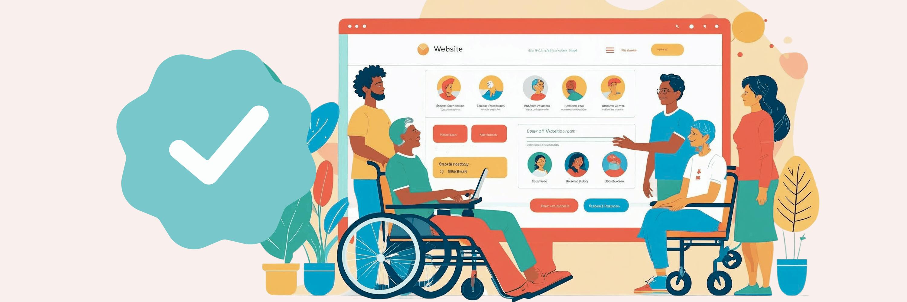 In the picture - people with disabilities using an accessible website interface, with a large checkmark indicating accessibility compliance.