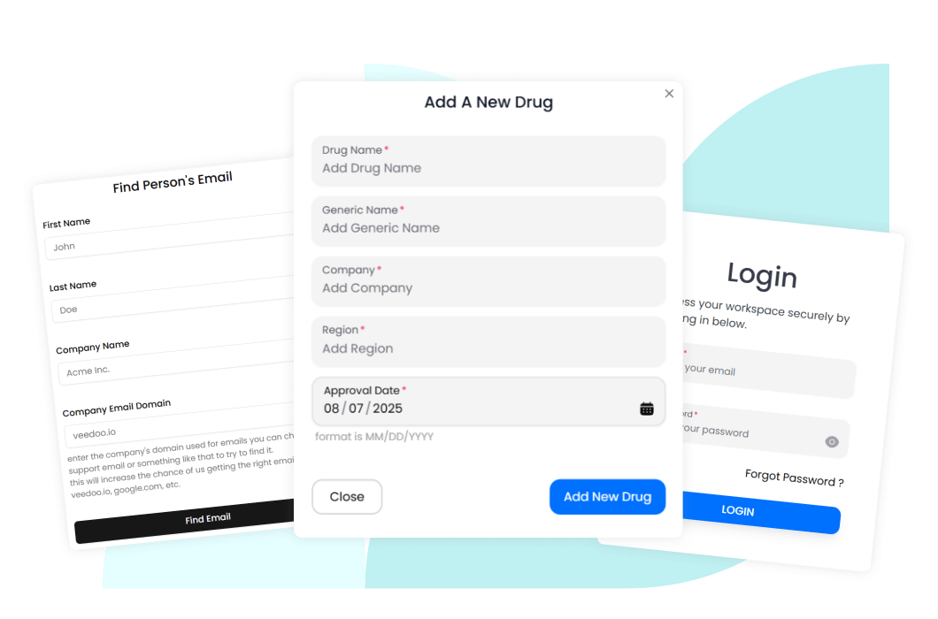 In the picture - three screens of Optigen with Login, Add a new Drug