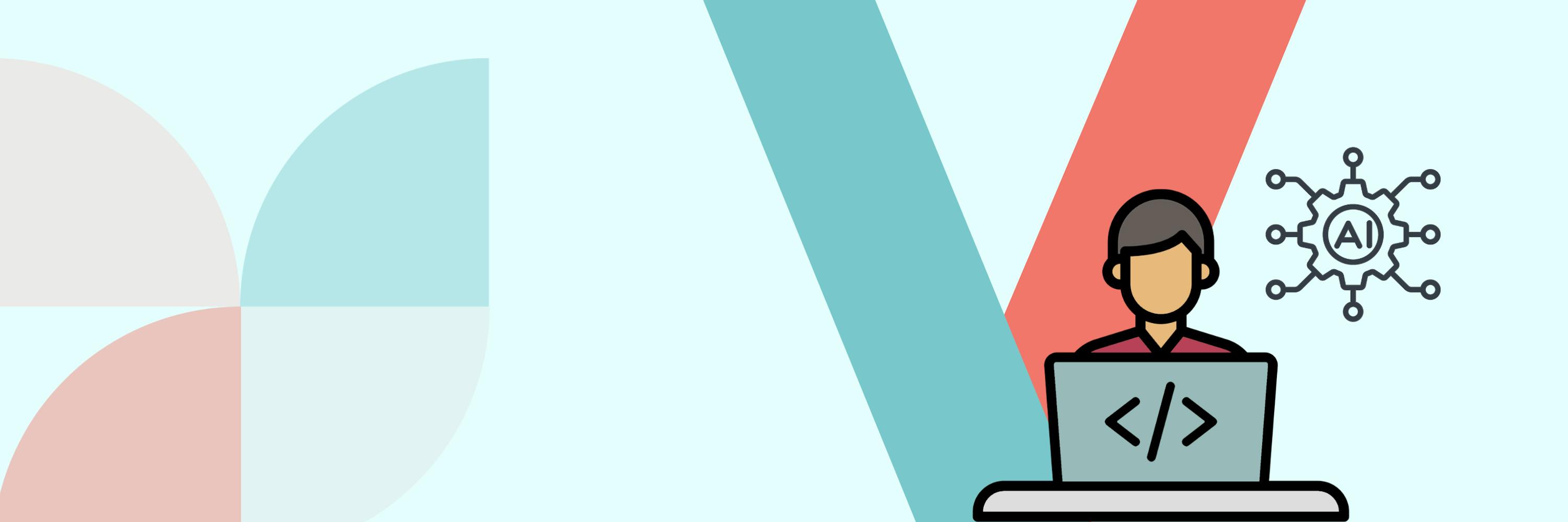 In the picture - An illustration of a person coding on a computer with an AI assistant next to the Veedoo logo and colourful abstract imagery
