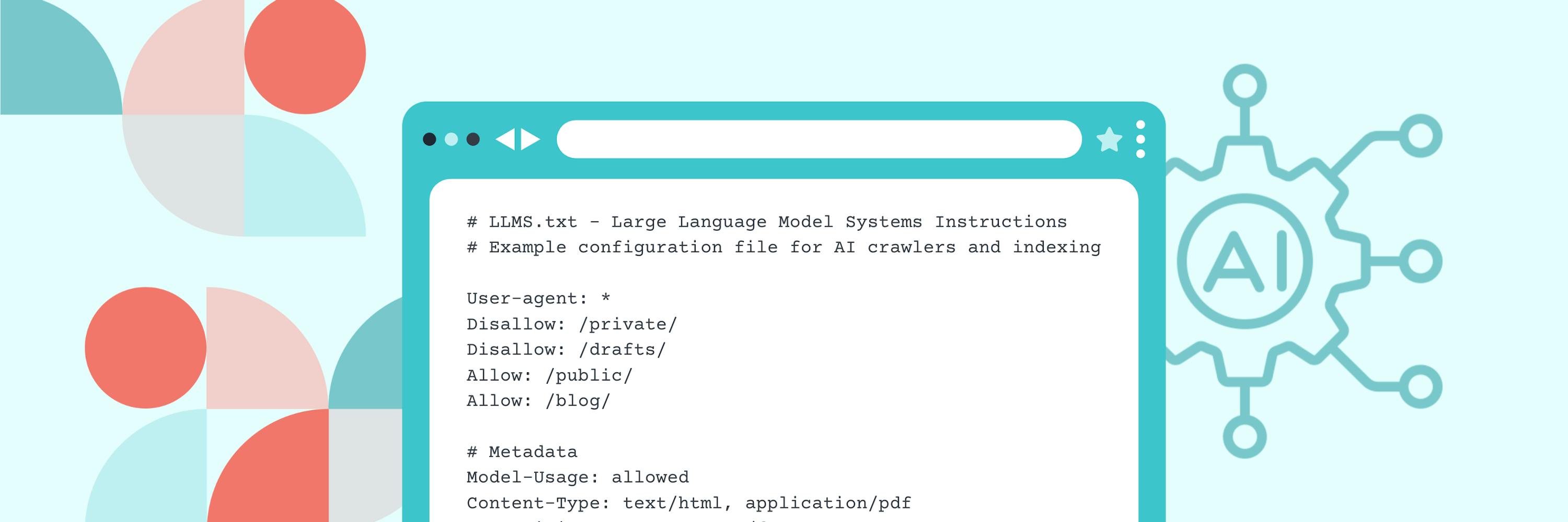 In the picture - Veedoo abstraction and Open AI logo in the background and screen of the LLMS.txt file