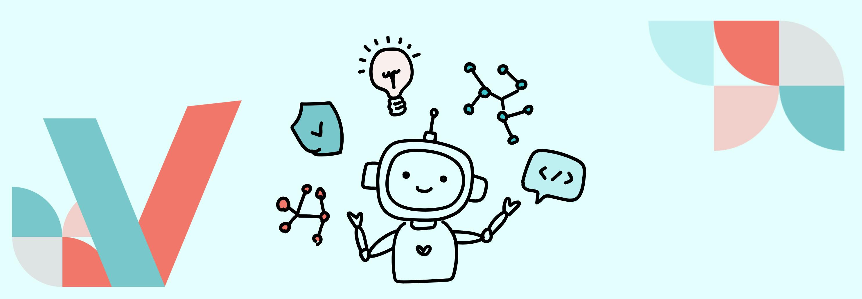 In the picture - in the middle - Robot sorts through ideas, AI, Security, and Scalability and around - Veedoo logo and abstraction