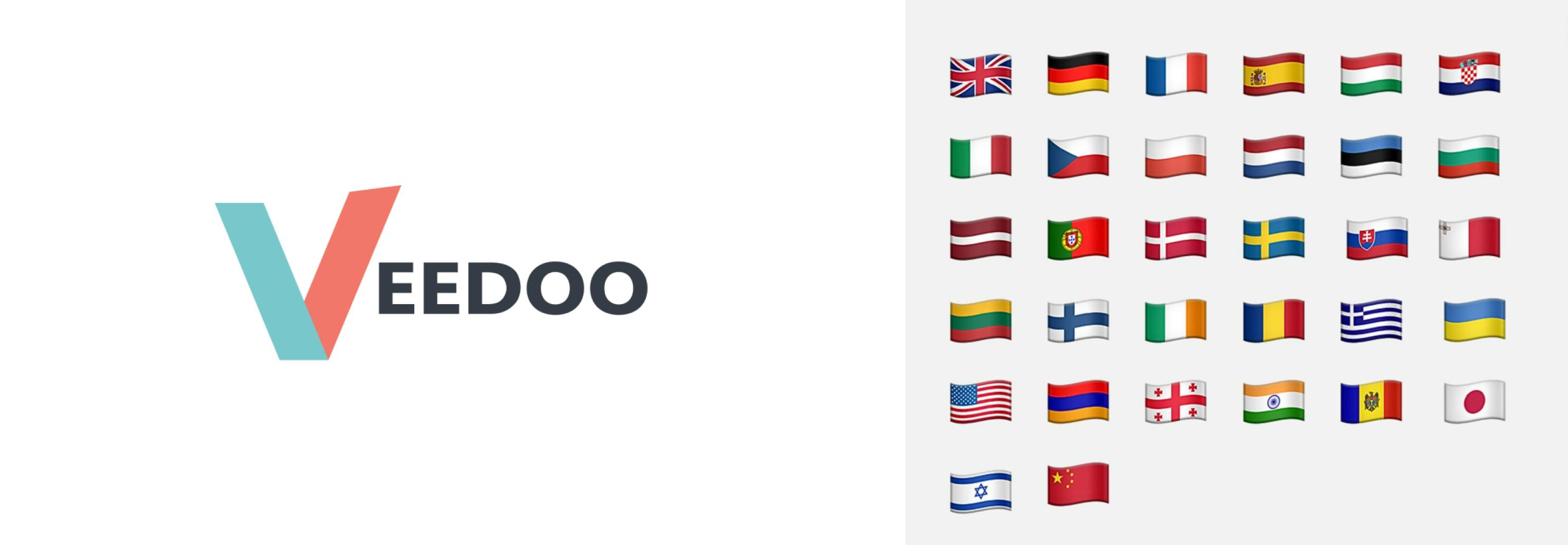 llustration folded into two parts - The first part shows the VEEDOO logo, the second part shows 32 country flags