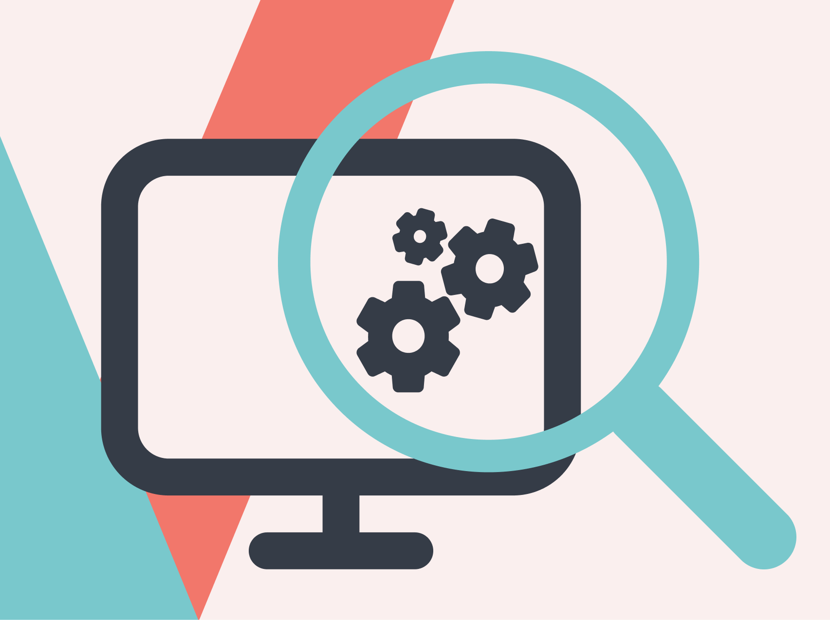 The image consists of twIn the picture - a computer with three gears and a magnifying glass, symbolizing technical SEO 