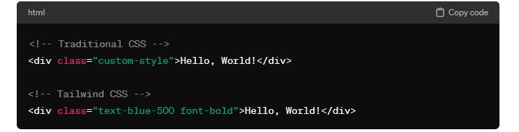 In the picture - a comparison of two types of encoding, Traditional CSS and Tailwind CSS, regarding text styles, in both cases the written text "Hello, world!"