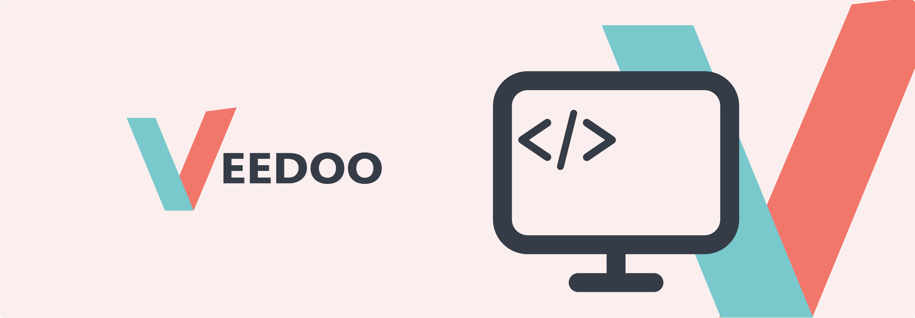In the picture - the image consists of two parts, on the left is the text "VEEDOO", on the right - On the front part, a monitor of the coding developer is schematically depicted, on the back - the logo of the VEEDOO company