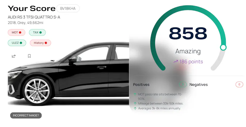 Example VehicleScore vehicle history report.