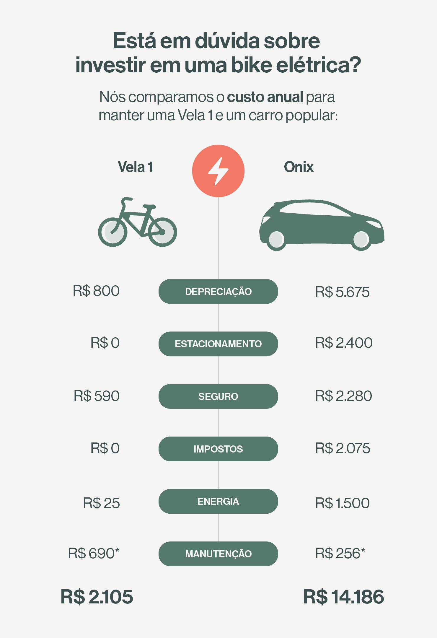 Comparativo de custo anual entre um carro popular e uma bicicleta elétrica