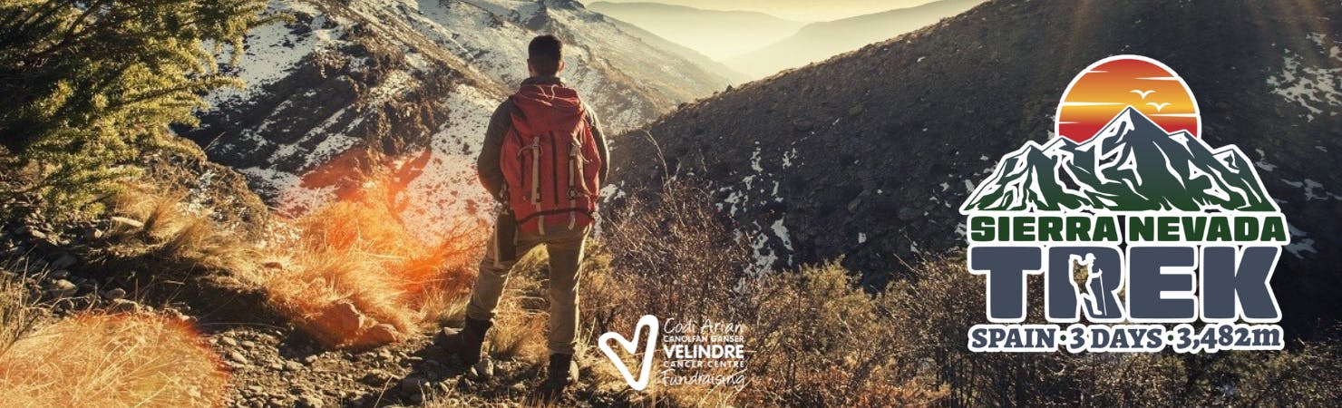 Banner for the Sierra Nevada trek that reads, Sierra Navada Trek, Spain, 3 days, 3482 meters.