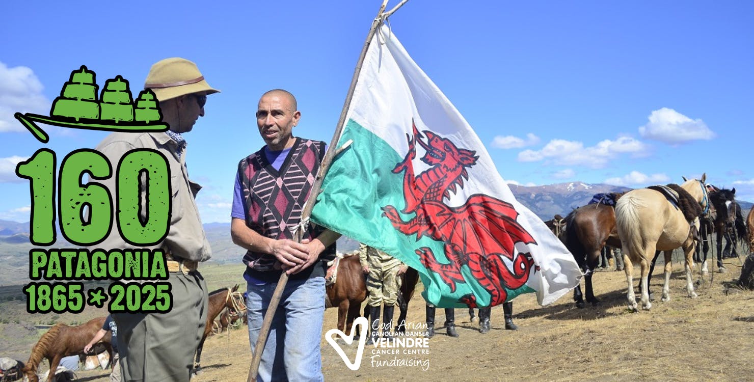 Banner for the Patagonia trek that reads 160, 1865 to 2025. Image of two smiling people with a Welsh flag atop the summit.