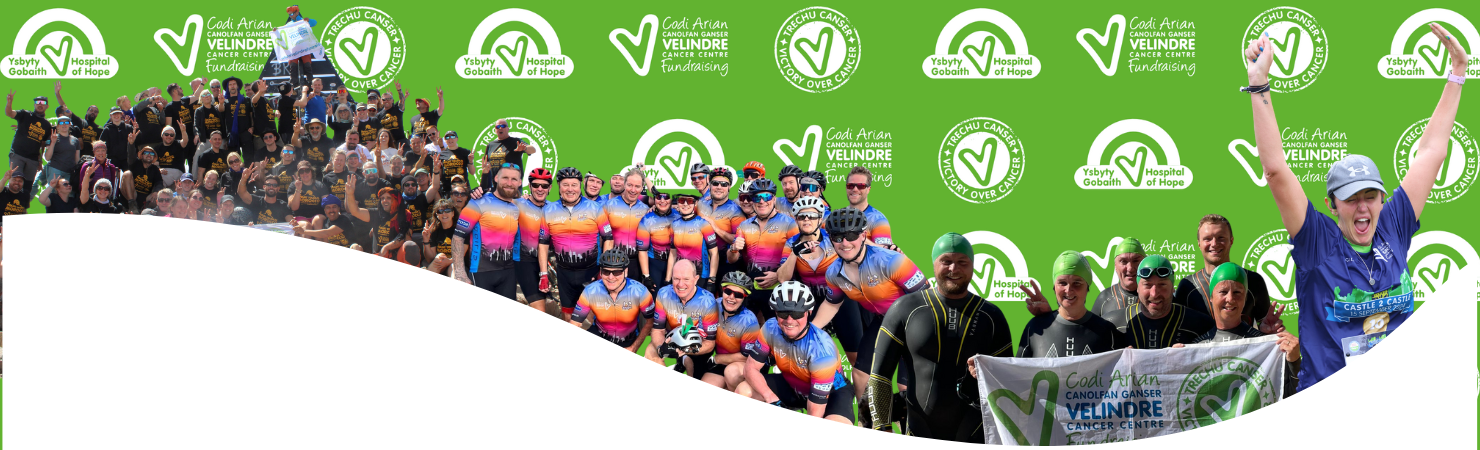 A banner image featuring the Velindre charity logo and photos of smiling fundraisers.