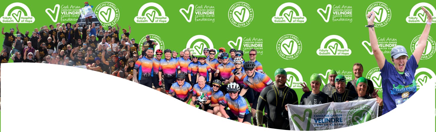 A banner image featuring the Velindre charity logo and photos of smiling fundraisers.
