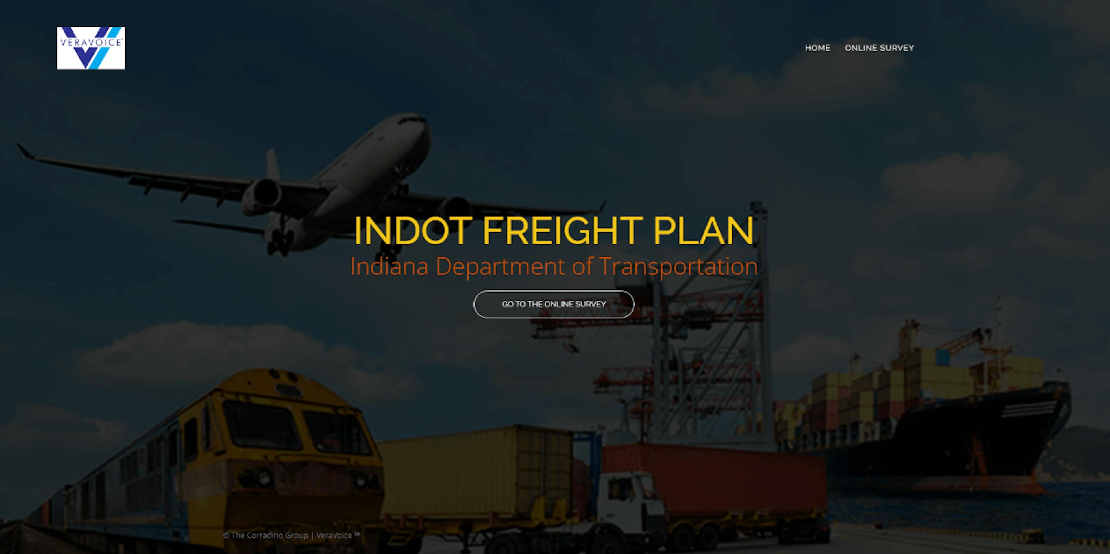 Screenshot of VeraVoice survey landing page for the INDOT Freight Plan project