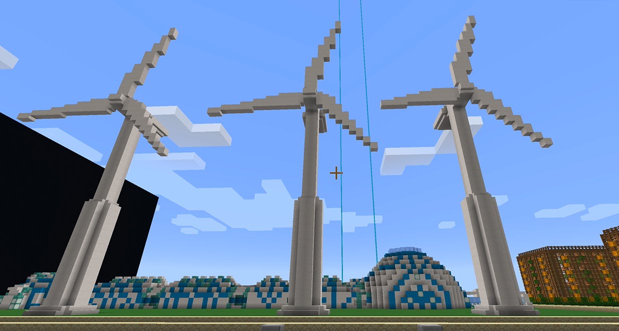 I spiluniverset Minecraft havde nogle elever bygget vindmøller. Screenshot fra Minecraft.