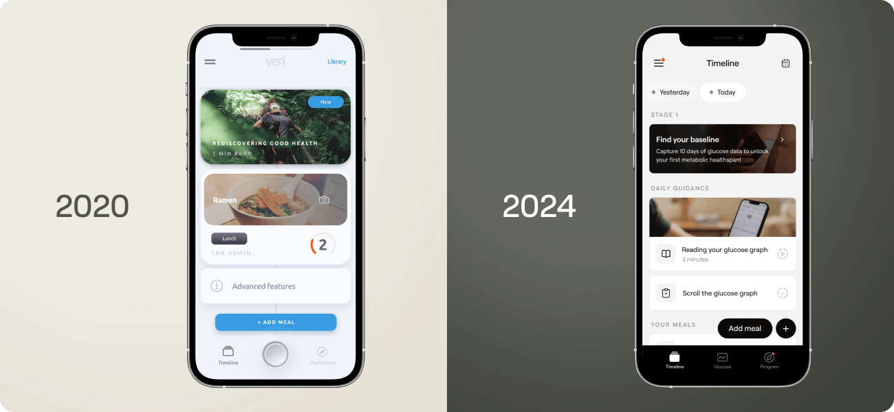 iphone showing 2020 interface and 2024 interface comparison