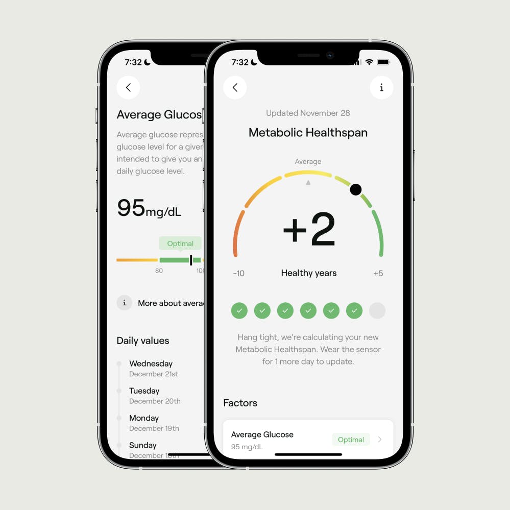 two phone screens showing example of metabolic healthspan feature in veri app