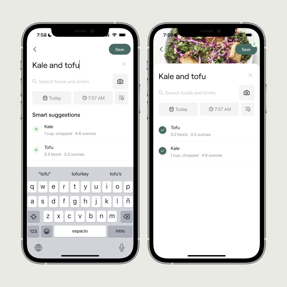 two phone screens showing example of logged foods in the veri app