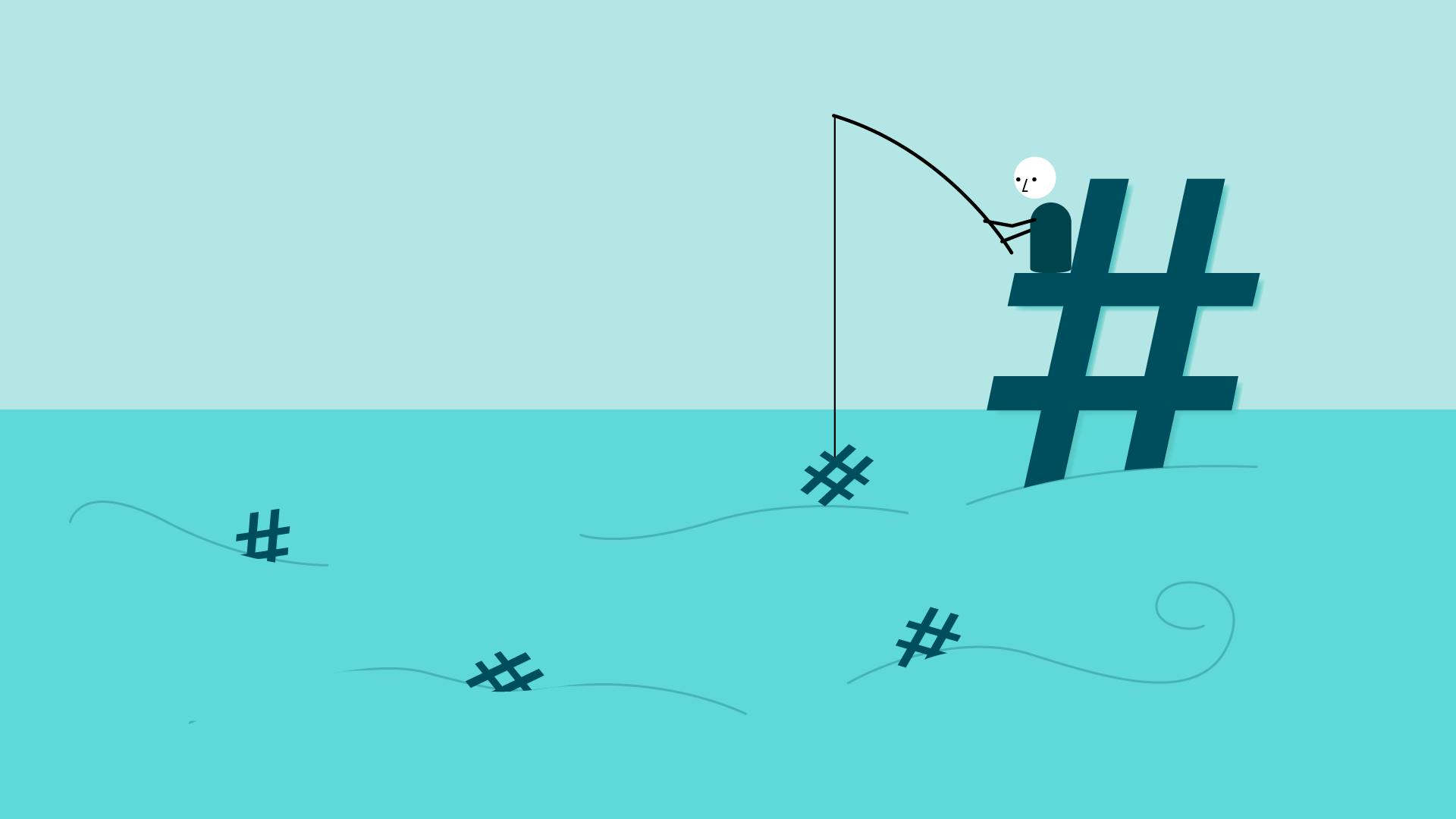 Graphic showing a man fishing for hashtags.
