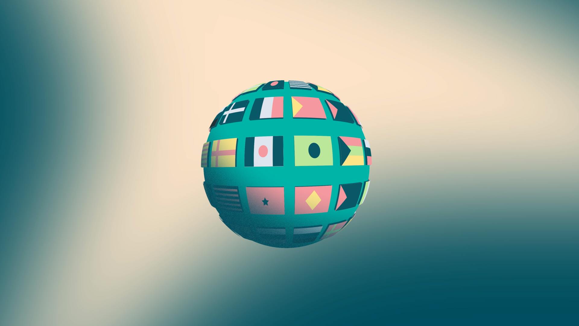 Globe graphic with country flags.