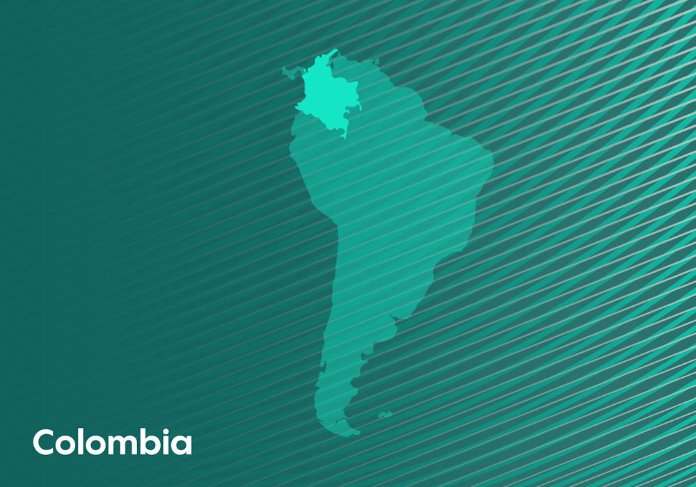 Un mapa verde con Colombia resaltada