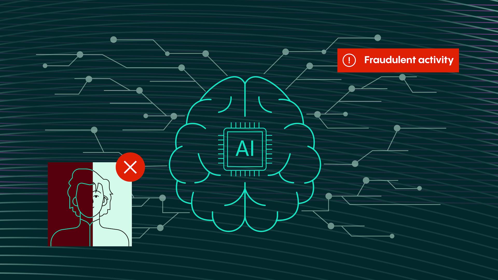 AI brain illustration with network lines, identity verification failure, and fraud alert.
