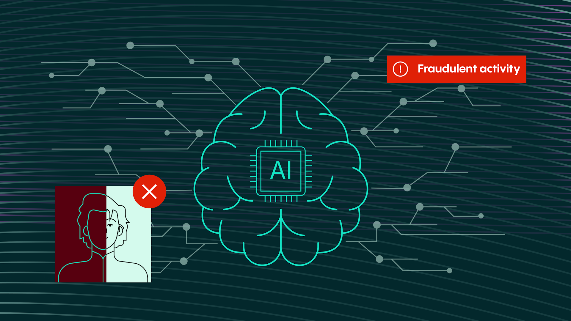 Ilustración del cerebro IA con líneas de red, fallo en la verificación de identidad y alerta de fraude.