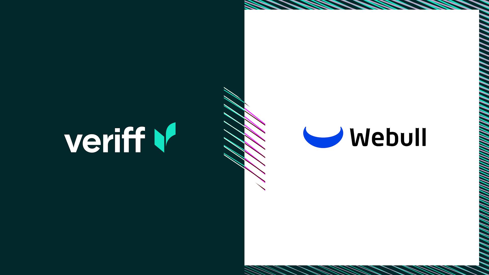 Logos of Veriff and Webull, positioned side-by-side on a dark background with geometric designs.