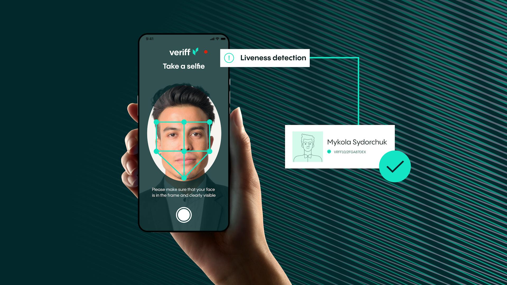 Smartphone displaying facial recognition with liveness detection, verifying the identity of user Mykola Sydorchuk.
