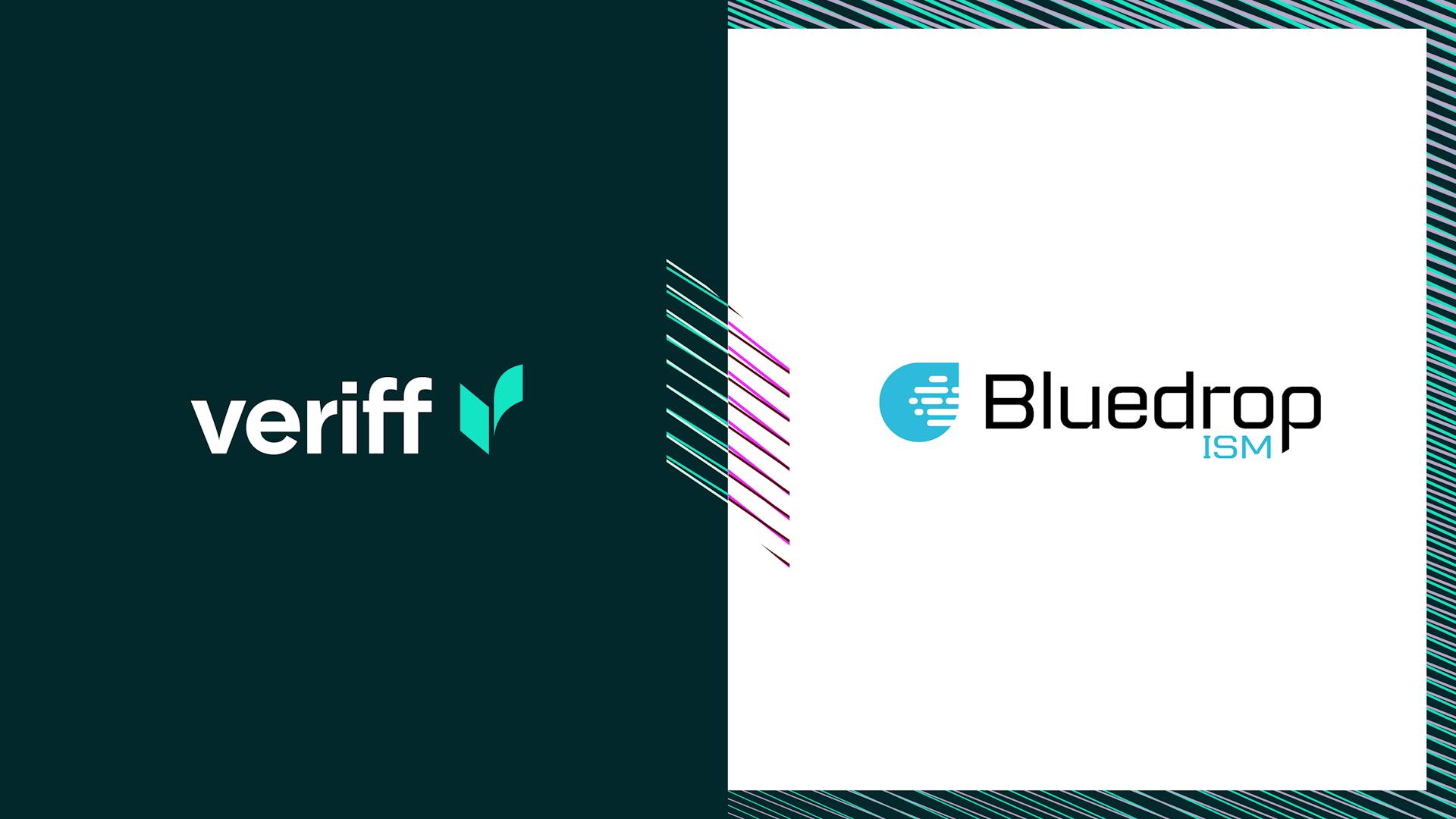 Two logos: Veriff in green and Bluedrop in blue, both set on a teal and white striped background.