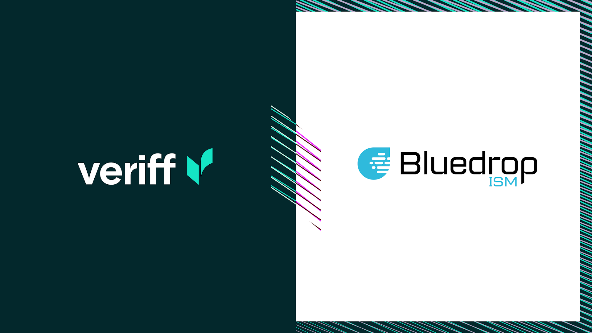 Dos logotipos: Veriff en verde y Bluedrop en azul, ambos colocados sobre un fondo de rayas blancas y pequeñas.