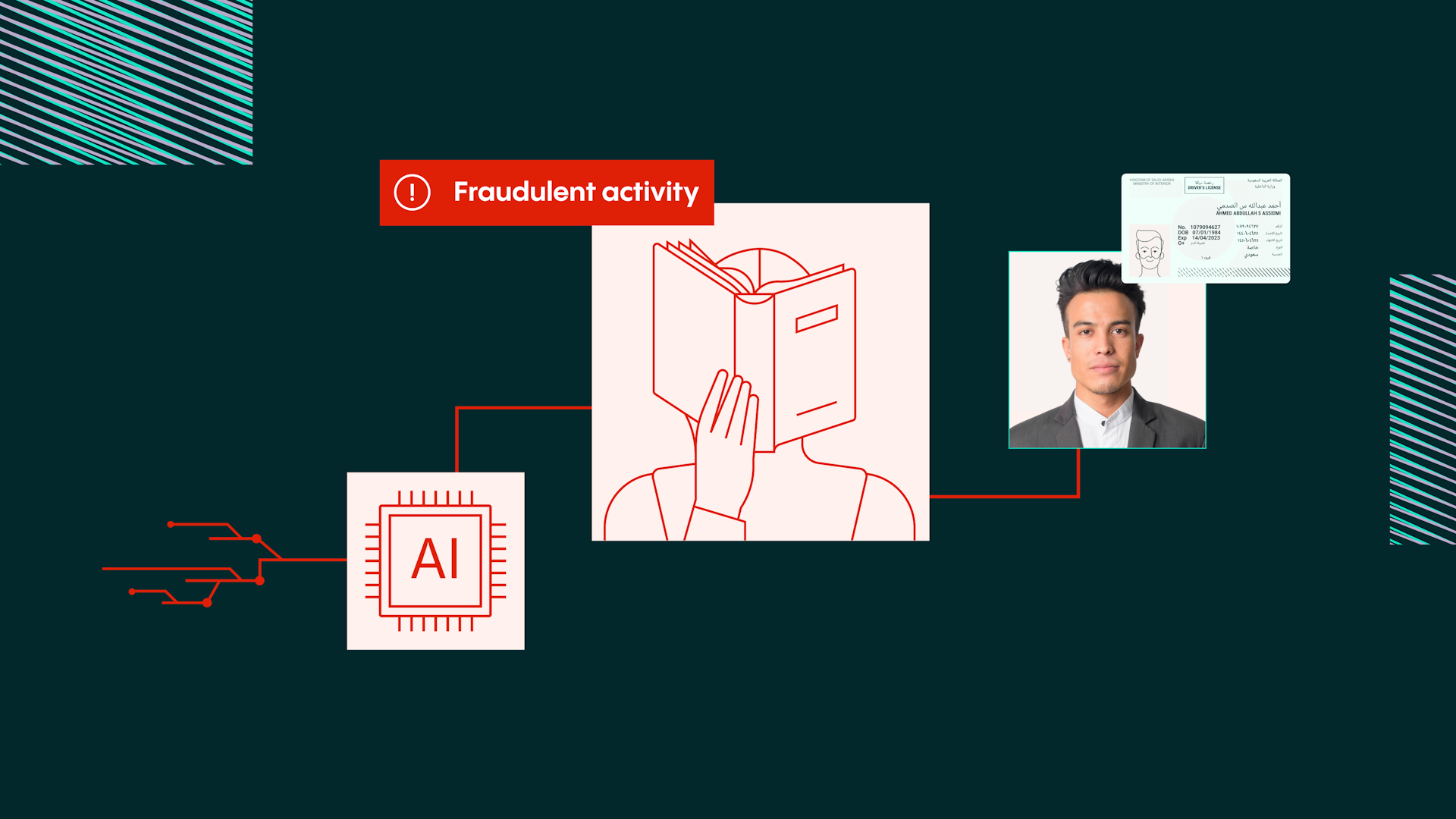 La imagen muestra un concepto de detección de actividad fraudulenta utilizando tecnología de IA. 