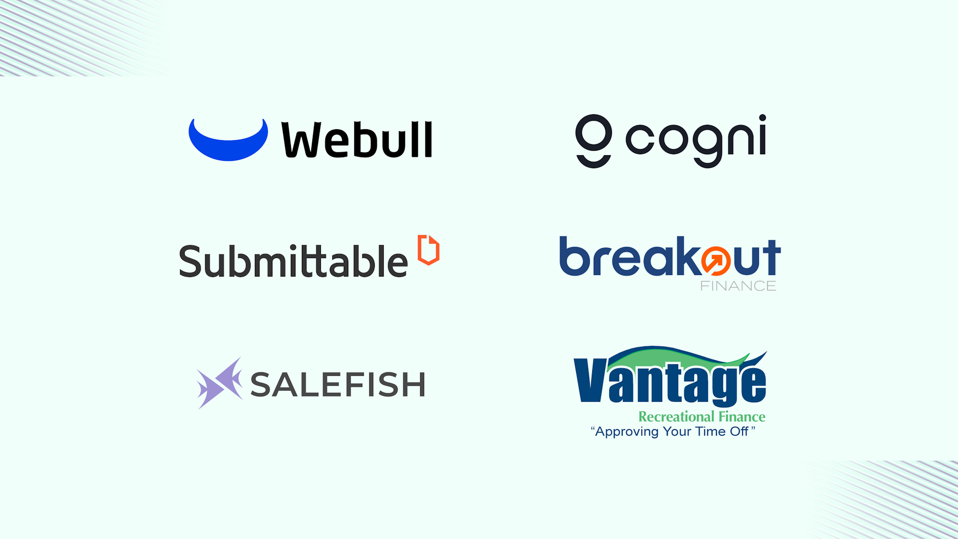 Logos de estudios de caso para Webull, Submittable, Cogni, Salefish, Breakout Capital, Vantage