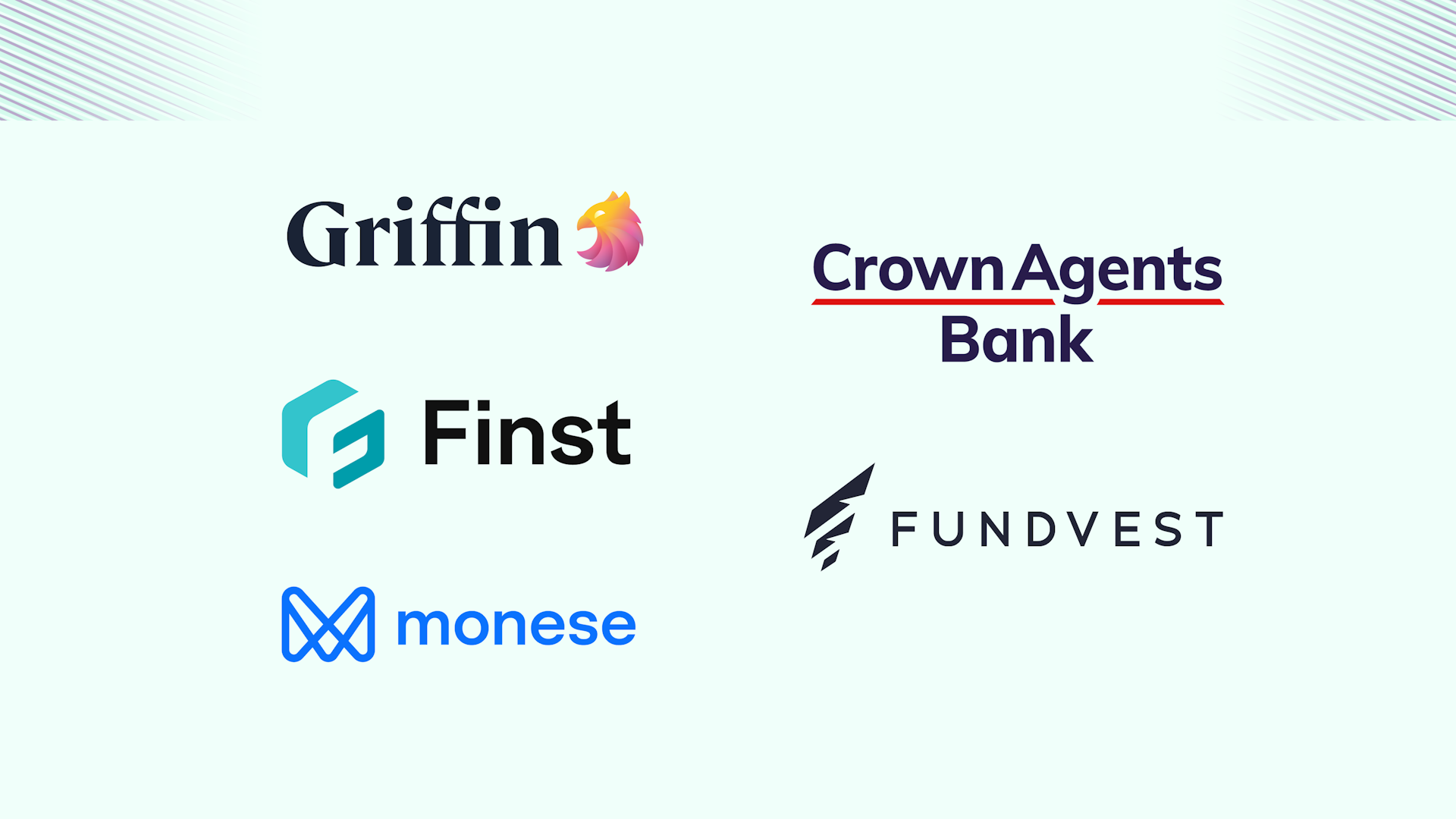 Logos de cinco líderes financieros del Reino Unido: Griffin, Crown Agents Bank, Finst, Fundvest y Monese, representando a empresas innovadoras enfocadas en mejorar la experiencia del cliente y la seguridad a través de la verificación de identidad digital.