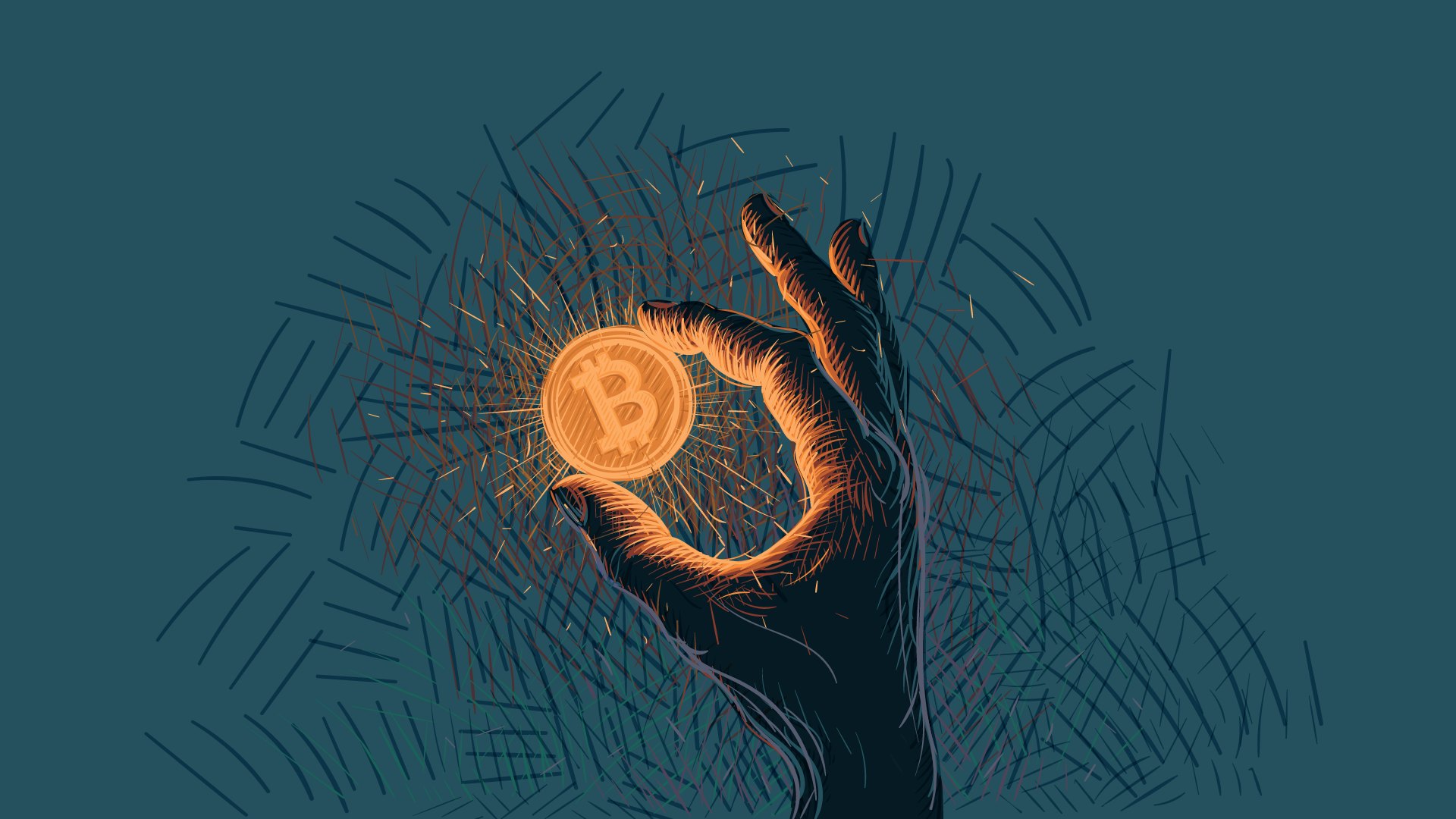 Graphic hand holding bitcoin