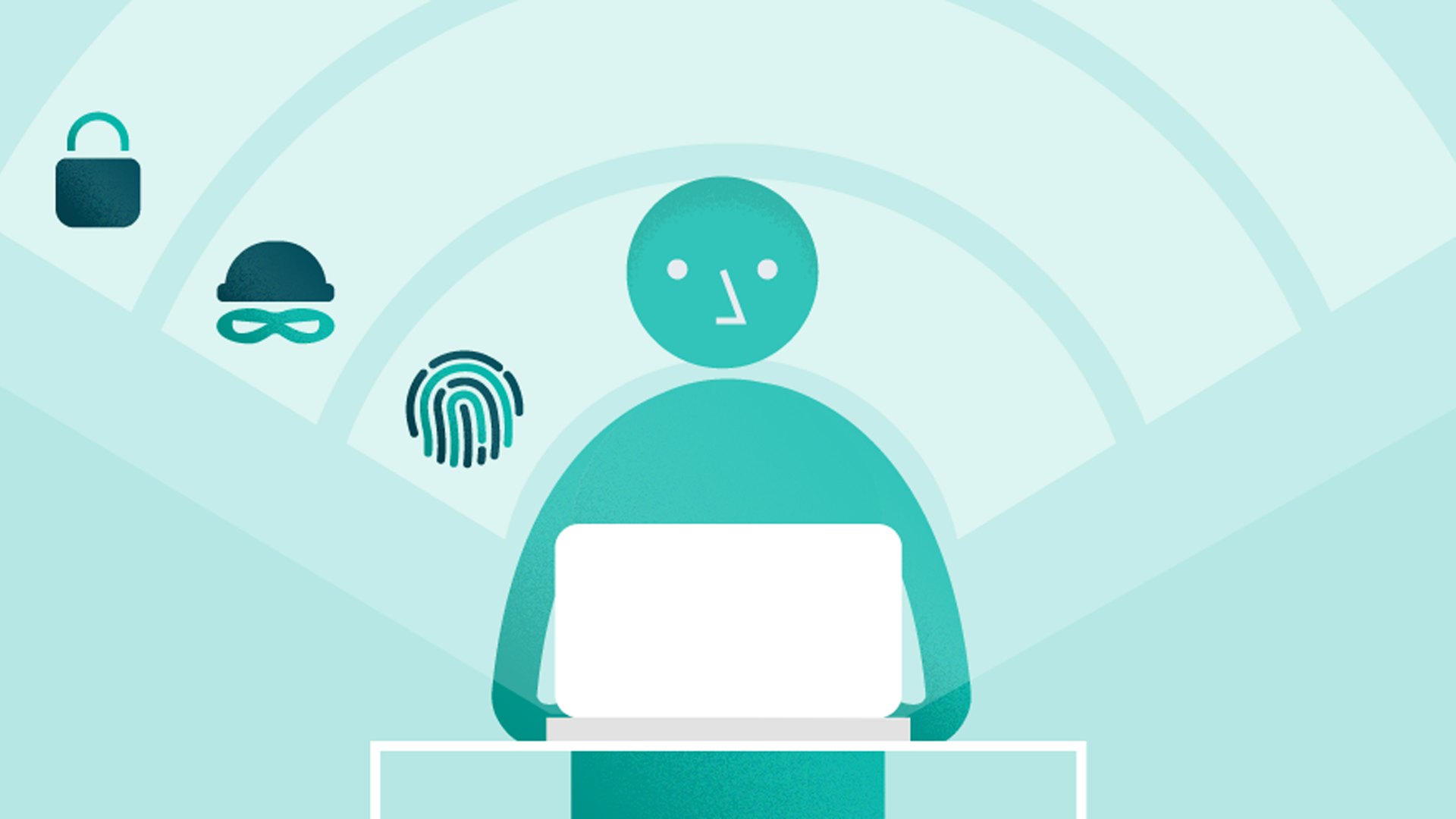 Header graphic of a person using a laptop with online security icons around them.