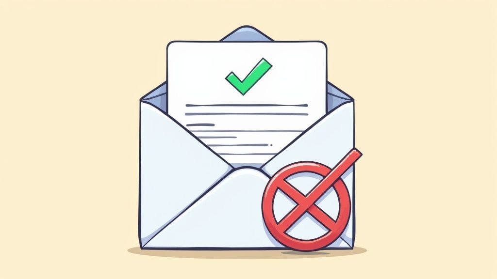 An illustration showing a user creating email content on a laptop, with elements like text-to-image ratio and spam trigger words highlighted, symbolizing the optimization process.
