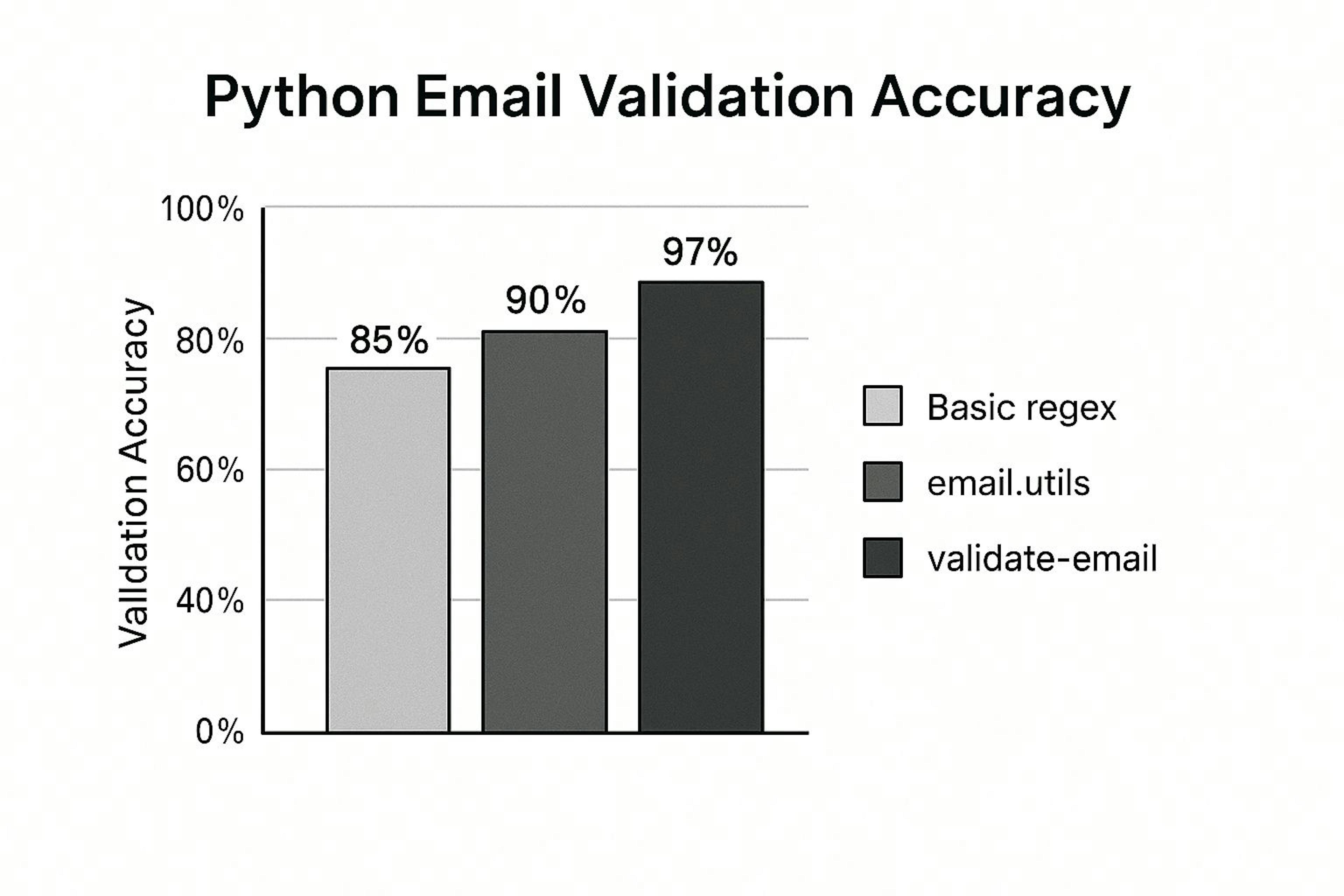 Infographic comparing the accuracy of Python email validation methods: basic regex, built-in email.utils, and an external library like validate-email.