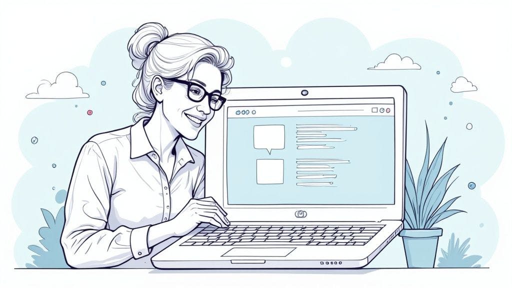 A person writing engaging content on a laptop, surrounded by creative notes and ideas.