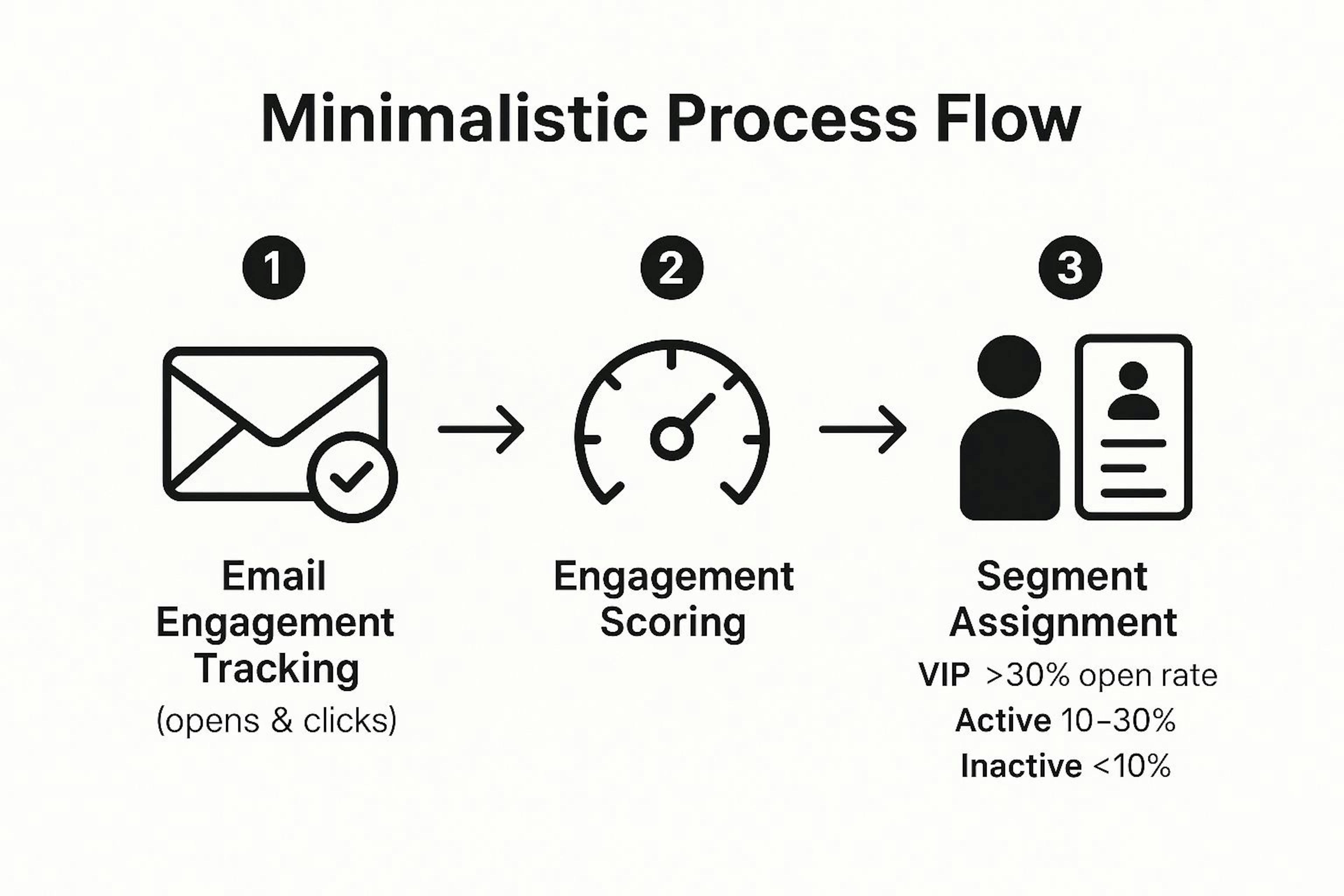 Infographic showing the process flow for creating engagement-based email segments, from tracking to assignment based on open rates.