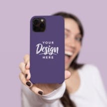 Happy woman holding phone case mockup