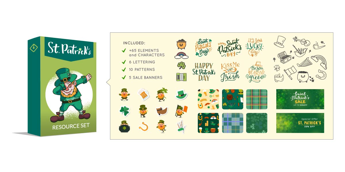 St Patrick Bundle Preview, containing sales banners, patterns, letterings and more