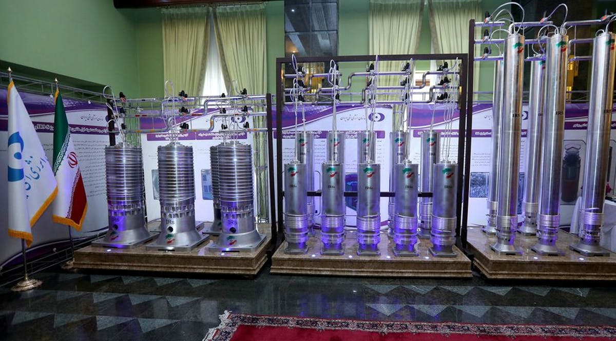 A number of new generation Iranian centrifuges are seen on display during Iran's National Nuclear Energy Day