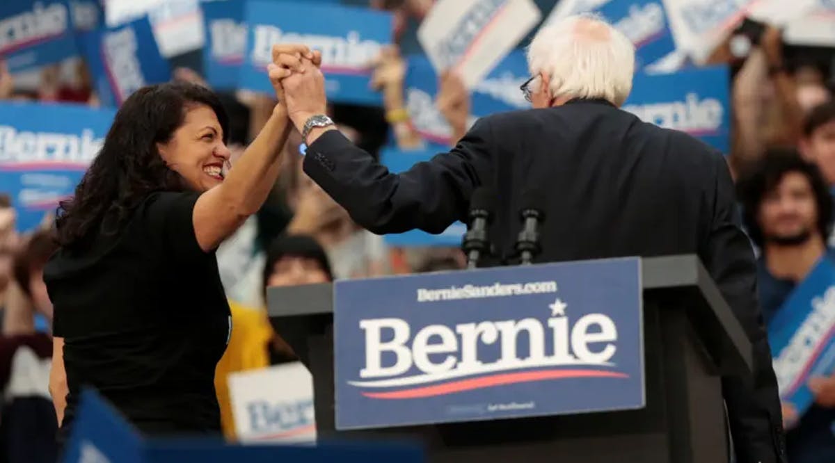 US Rep Rashida Tlaib and Democratic 2020 US presidential candidate Senator Bernie Sanders