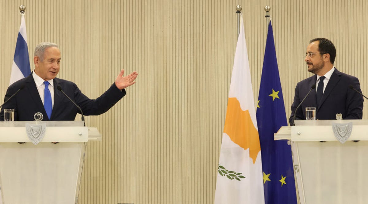 Israeli Prime Minister Benjamin Netanyahu attend a news conference with Cyprus President Nikos Christodoulides
