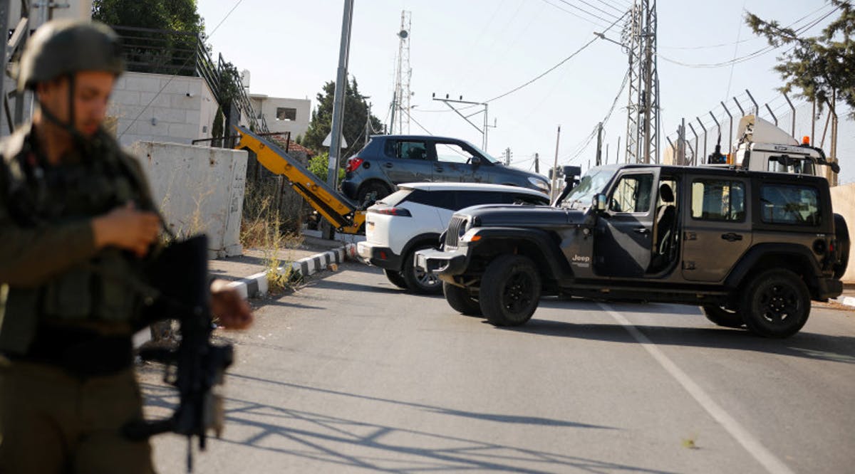 A general view of the car in which, according to an Israeli military statement and Army Radio, three Palestinians who fired at Israeli forces were killed by Israeli troops, in Nablus, in the West Bank