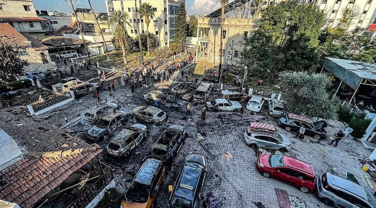 The scorched parking lot of the Al-Ahli Baptist Hospital in Gaza City