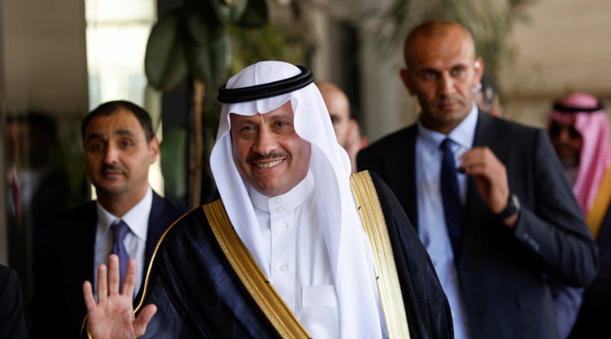 Saudi ambassador Nayef al-Sudairi gestures as he visits Ramallah in the West Bank