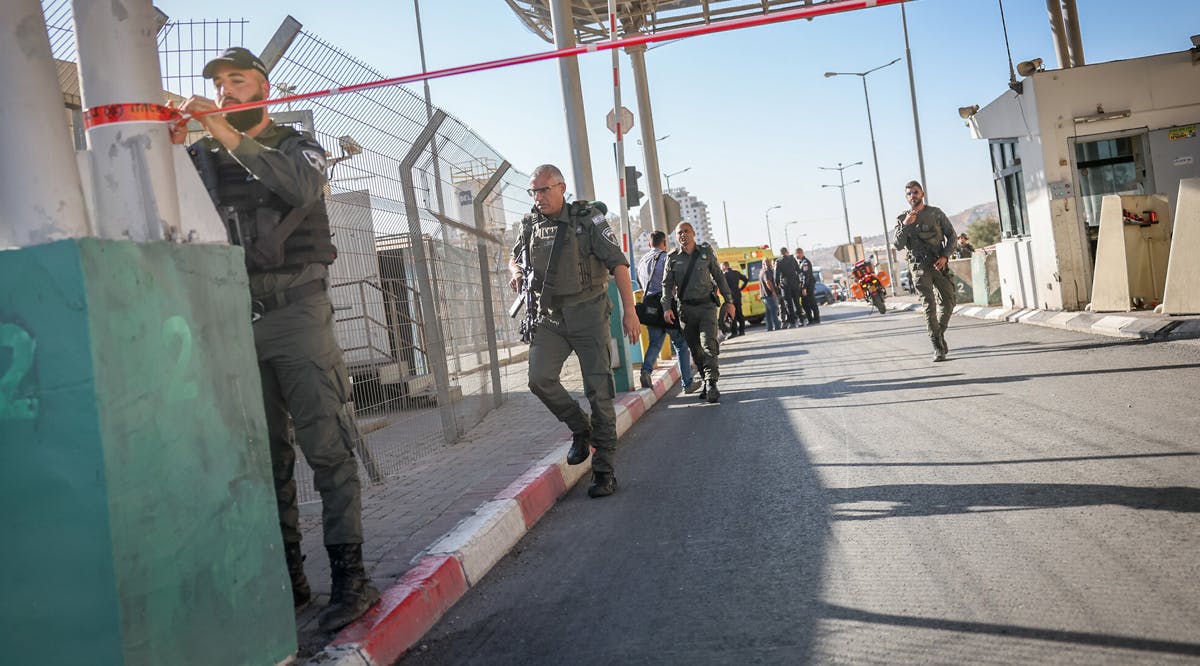 Police are seen at the Mazmuria checkpoint, near the Har Homa neighborhood of East Jerusalem, after a Palestinian man attempted to stab officers