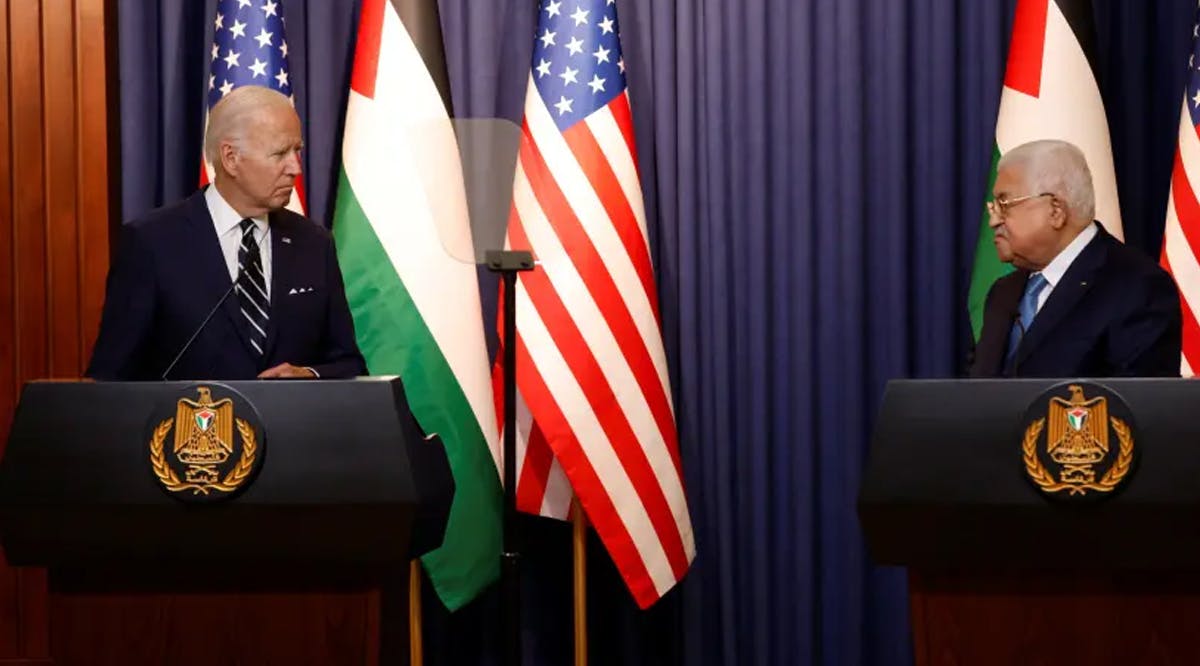 Palestinian President Mahmoud Abbas and US President Joe Biden give a statement, in Bethlehem in the West Bank