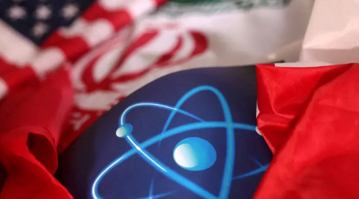 Atomic symbol and USA and Iranian flags
